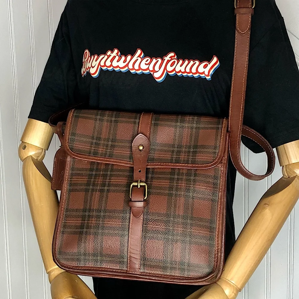 RALPH LAUREN Tartan Plaid Large Leather Crossbody Messenger Shoulder Bag